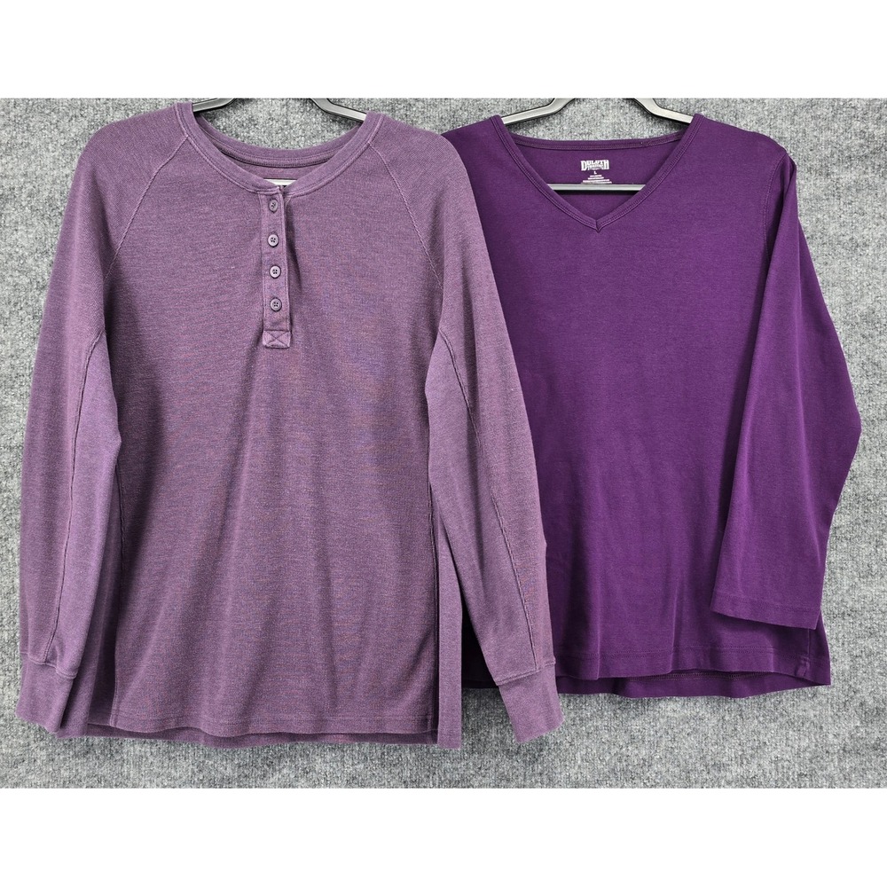 2 Duluth Trading Longtail Tops Women L Purple Henley V-Neck LS Gorpcore Utility